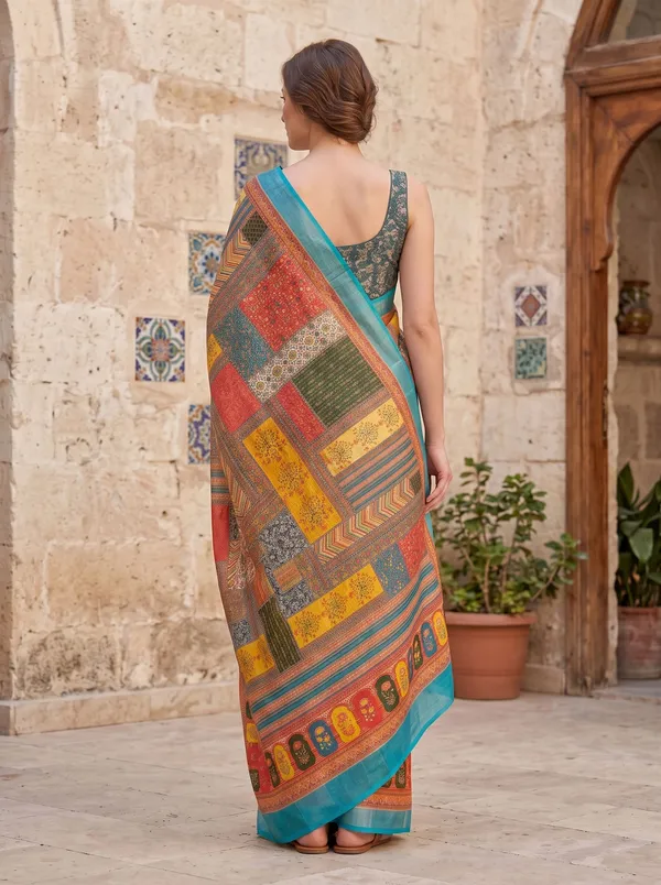 Multi_Digital_Print_Art_Silk_Cotton_Saree_with_Silver_Zari_Border_&_Blouse