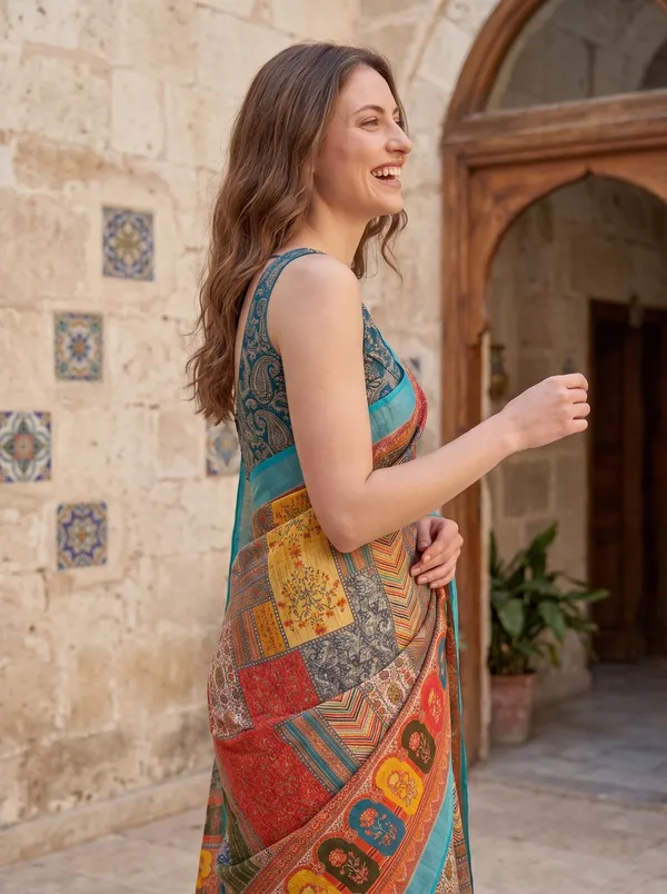 Multi_Digital_Print_Art_Silk_Cotton_Saree_with_Silver_Zari_Border_&_Blouse