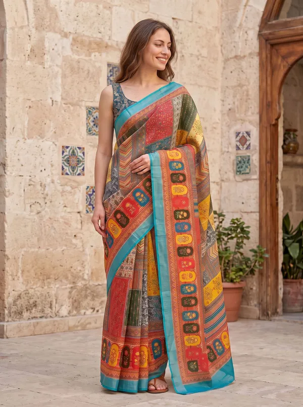Multi_Digital_Print_Art_Silk_Cotton_Saree_with_Silver_Zari_Border_&_Blouse