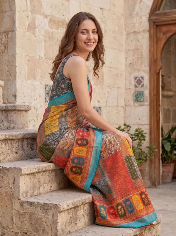 Multi_Digital_Print_Art_Silk_Cotton_Saree_with_Silver_Zari_Border_&_Blouse