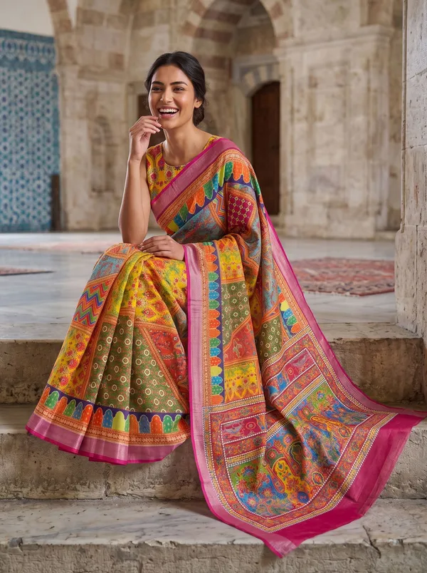 Multi_Digital_Print_Art_Silk_Cotton_Saree_with_Silver_Zari_Border_&_Blouse