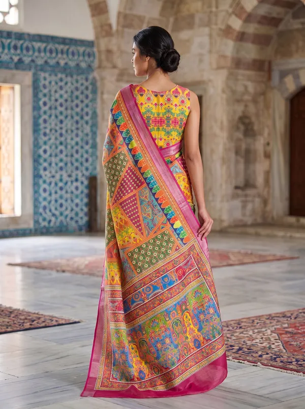 Multi_Digital_Print_Art_Silk_Cotton_Saree_with_Silver_Zari_Border_&_Blouse
