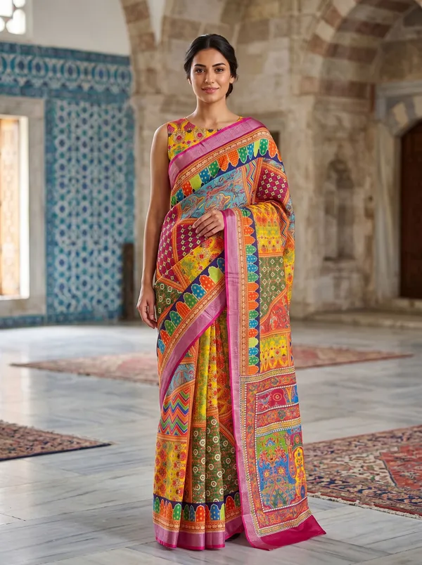 Multi_Digital_Print_Art_Silk_Cotton_Saree_with_Silver_Zari_Border_&_Blouse