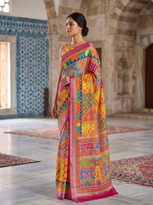 Multi_Digital_Print_Art_Silk_Cotton_Saree_with_Silver_Zari_Border_&_Blouse