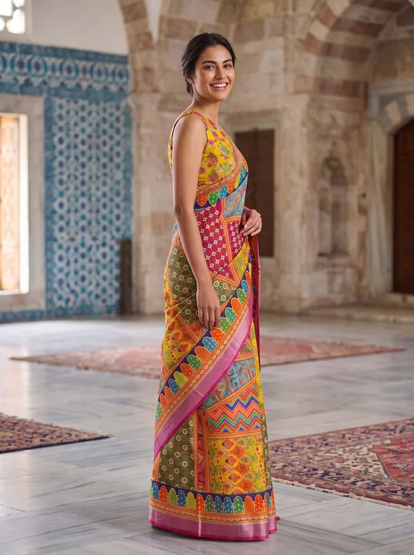 Multi_Digital_Print_Art_Silk_Cotton_Saree_with_Silver_Zari_Border_&_Blouse
