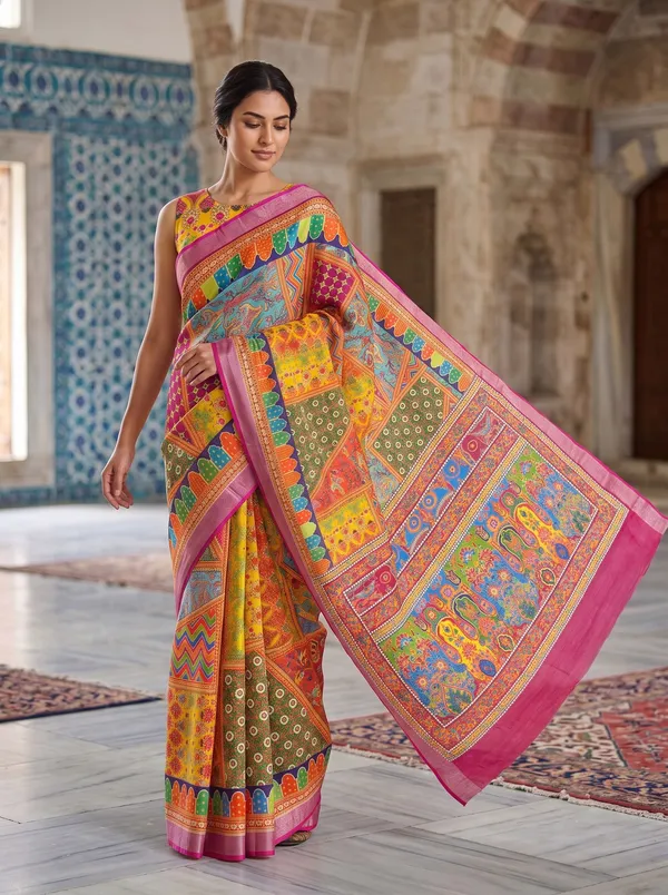 Multi_Digital_Print_Art_Silk_Cotton_Saree_with_Silver_Zari_Border_&_Blouse