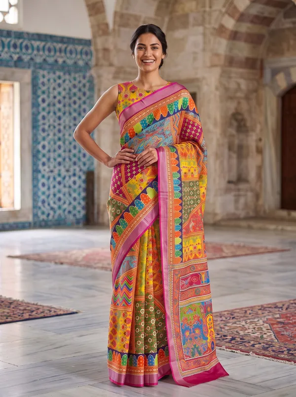 Multi_Digital_Print_Art_Silk_Cotton_Saree_with_Silver_Zari_Border_&_Blouse