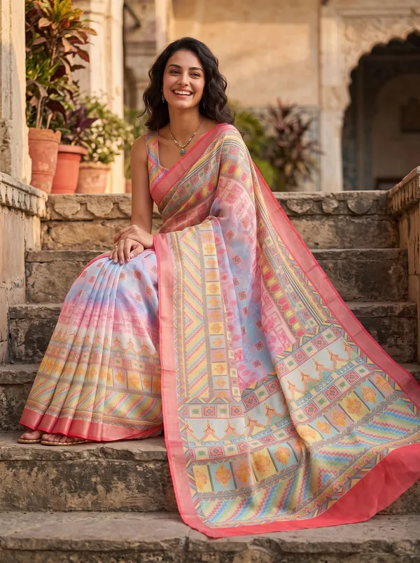Multi-color_Digital_Print_Art_Silk_Cotton_Saree_with_Silver_Zari_Border_&_Blouse