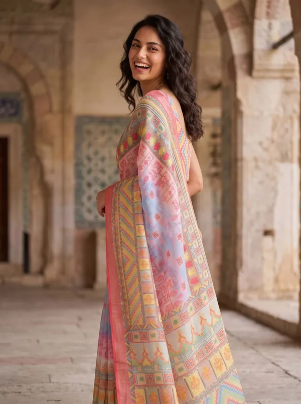 Multi-color_Digital_Print_Art_Silk_Cotton_Saree_with_Silver_Zari_Border_&_Blouse