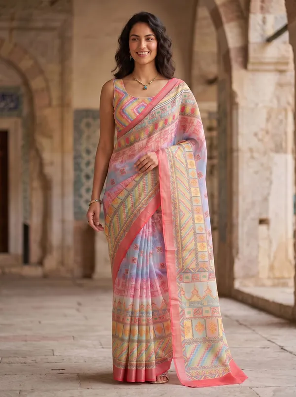 Multi-color_Digital_Print_Art_Silk_Cotton_Saree_with_Silver_Zari_Border_&_Blouse