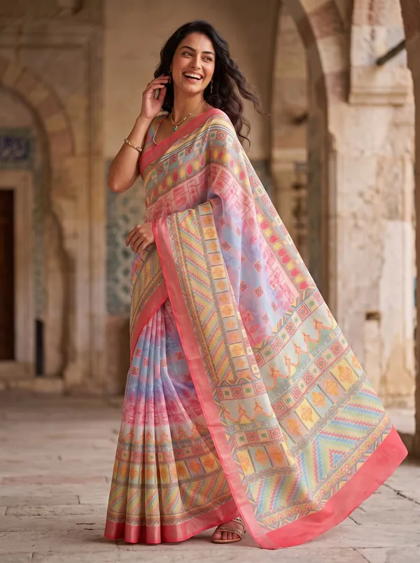 Multi-color_Digital_Print_Art_Silk_Cotton_Saree_with_Silver_Zari_Border_&_Blouse