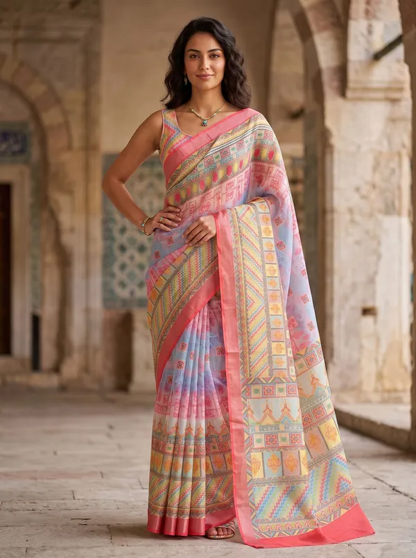 Multi-color_Digital_Print_Art_Silk_Cotton_Saree_with_Silver_Zari_Border_&_Blouse