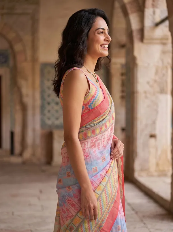 Multi-color_Digital_Print_Art_Silk_Cotton_Saree_with_Silver_Zari_Border_&_Blouse