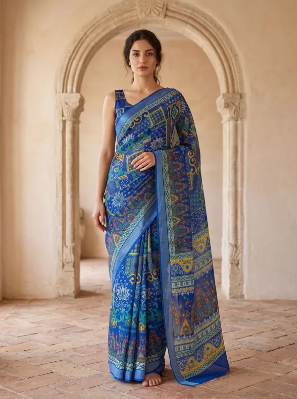 Blue_Art_Silk_Digital_Print_Saree_with_Zari_Border_Style_&_Printed_Blouse