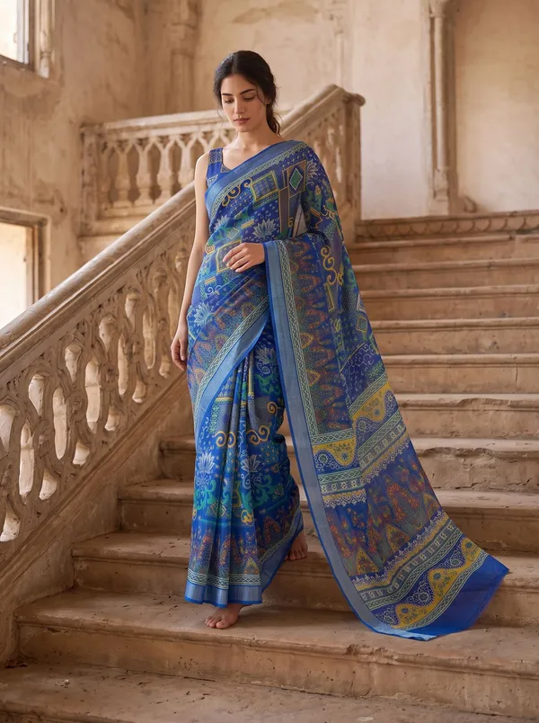 Blue_Art_Silk_Digital_Print_Saree_with_Zari_Border_Style_&_Printed_Blouse