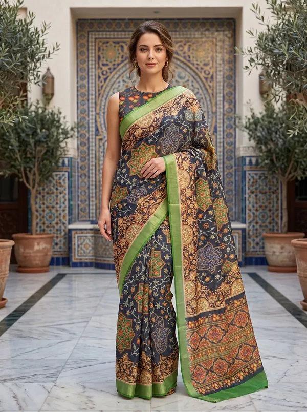Black_Digital_Print_Art_Silk_Cotton_Saree_with_Green_Silver_Zari_Border