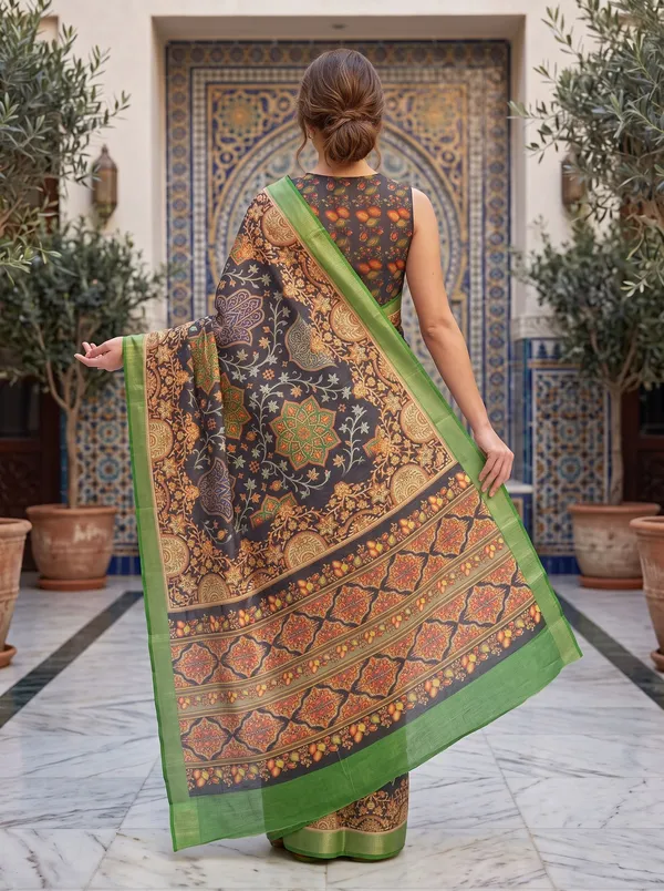 Black_Digital_Print_Art_Silk_Cotton_Saree_with_Green_Silver_Zari_Border