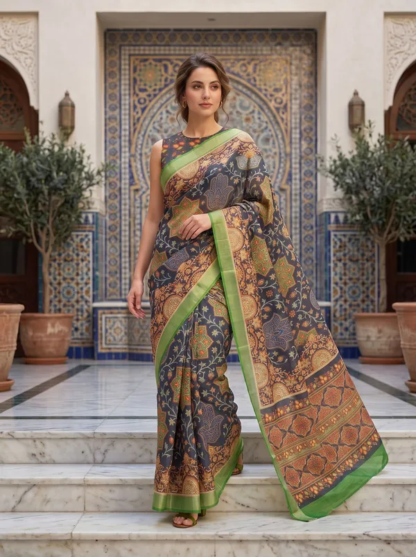 Black_Digital_Print_Art_Silk_Cotton_Saree_with_Green_Silver_Zari_Border