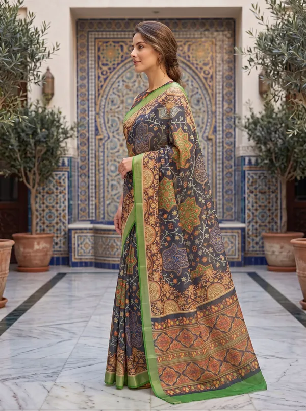 Black_Digital_Print_Art_Silk_Cotton_Saree_with_Green_Silver_Zari_Border