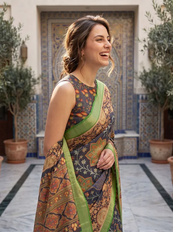 Black_Digital_Print_Art_Silk_Cotton_Saree_with_Green_Silver_Zari_Border