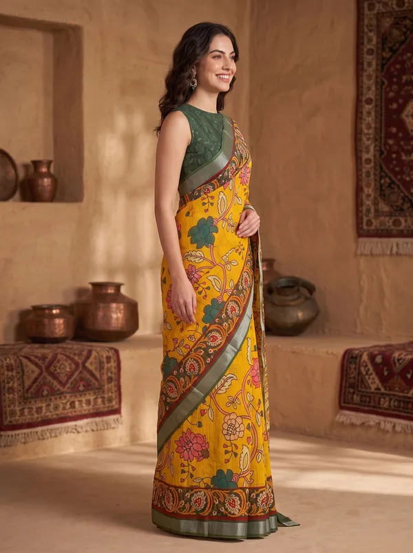 Yellow_Digital_Print_Art_Silk_Cotton_Saree_with_Silver_Zari_&_Printed_Blouse