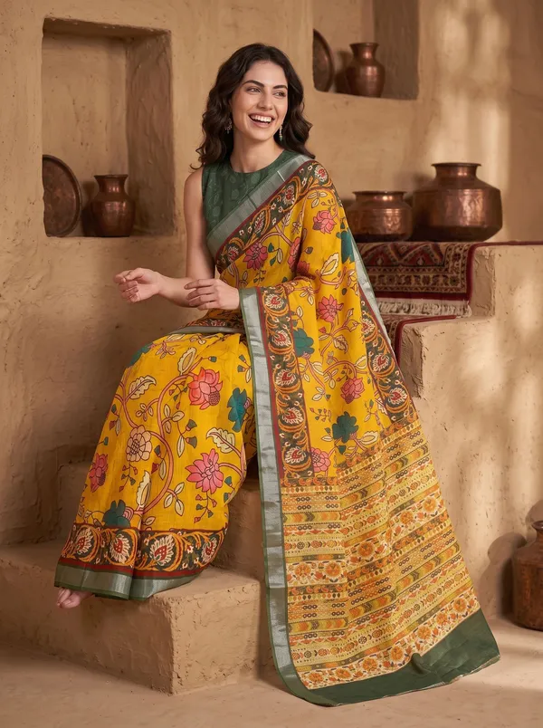Yellow_Digital_Print_Art_Silk_Cotton_Saree_with_Silver_Zari_&_Printed_Blouse