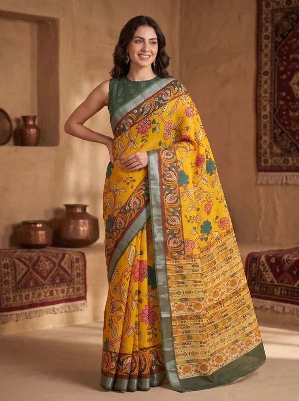 Yellow_Digital_Print_Art_Silk_Cotton_Saree_with_Silver_Zari_&_Printed_Blouse