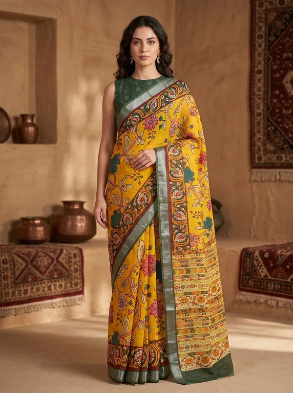 Yellow_Digital_Print_Art_Silk_Cotton_Saree_with_Silver_Zari_&_Printed_Blouse