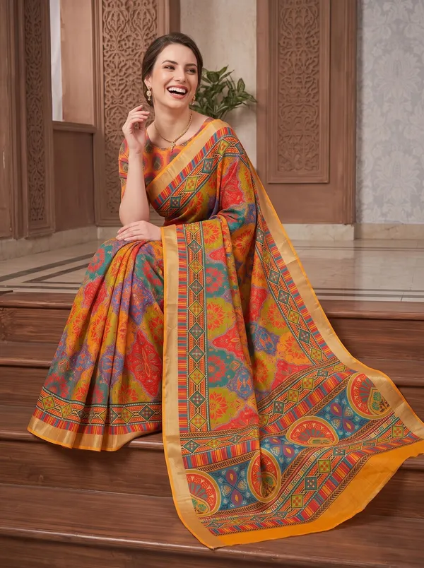 Multi-Color_Art_Silk_Digital_Print_Saree_with_Silver_Zari_Border_&_Blouse