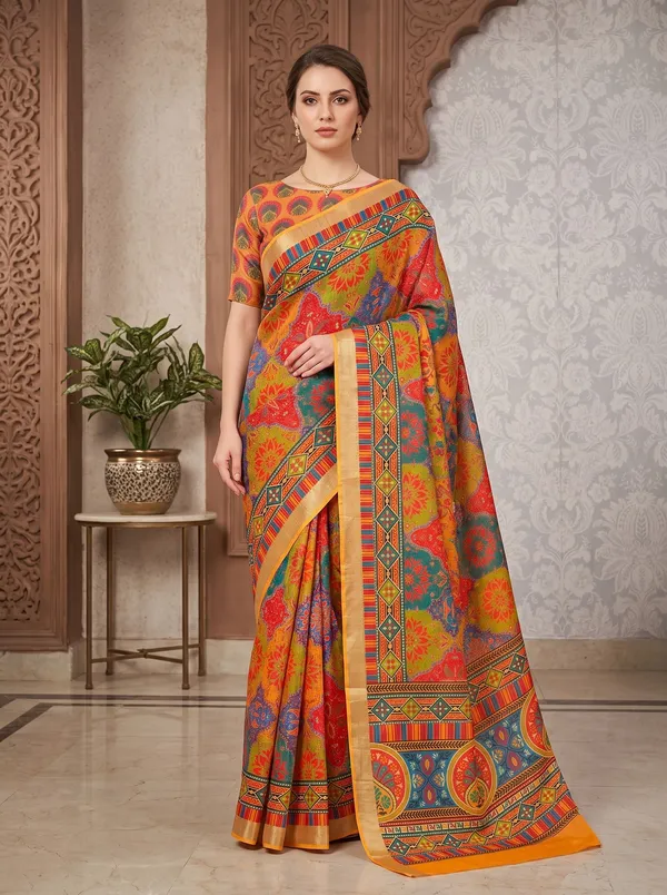 Multi-Color_Art_Silk_Digital_Print_Saree_with_Silver_Zari_Border_&_Blouse