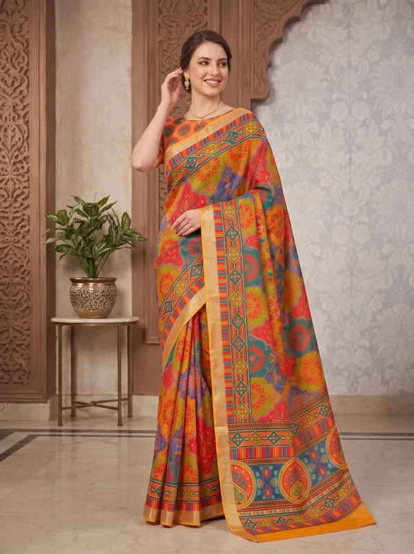 Multi-Color_Art_Silk_Digital_Print_Saree_with_Silver_Zari_Border_&_Blouse