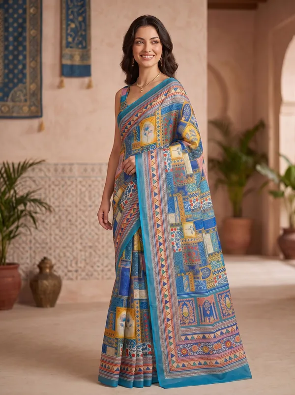 Turquoise_Blue_Art_Silk_Digital_Print_Saree_with_Silver_Zari_Border_&_Blouse