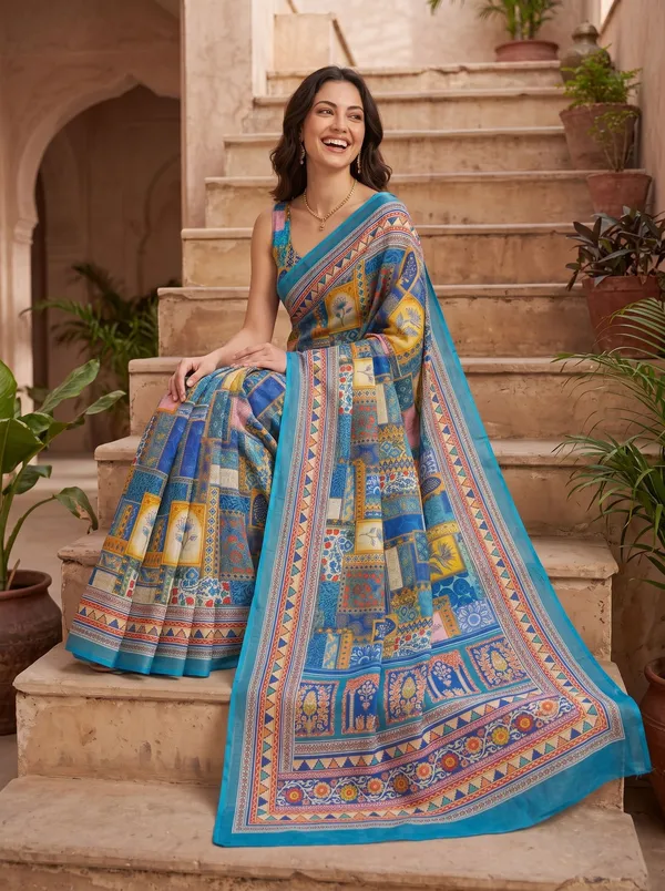Turquoise_Blue_Art_Silk_Digital_Print_Saree_with_Silver_Zari_Border_&_Blouse