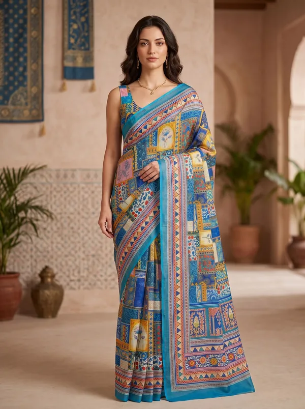Turquoise_Blue_Art_Silk_Digital_Print_Saree_with_Silver_Zari_Border_&_Blouse