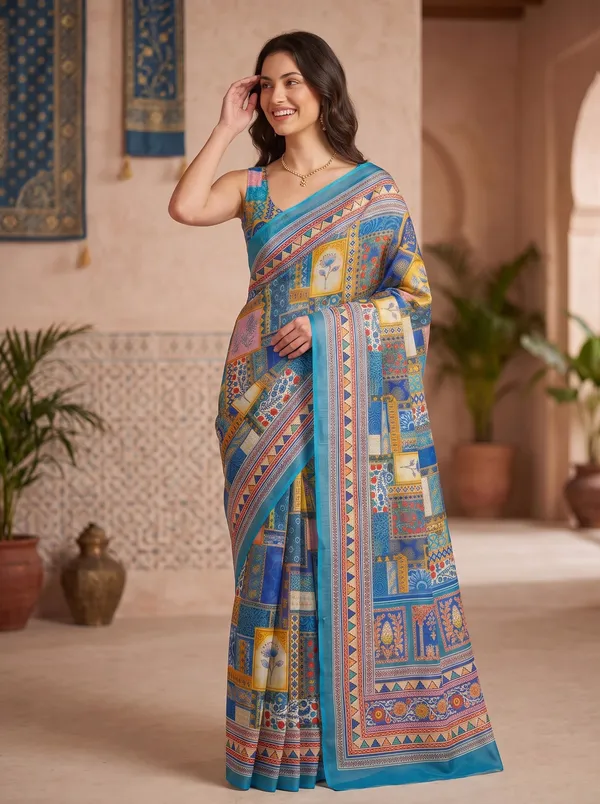 Turquoise_Blue_Art_Silk_Digital_Print_Saree_with_Silver_Zari_Border_&_Blouse