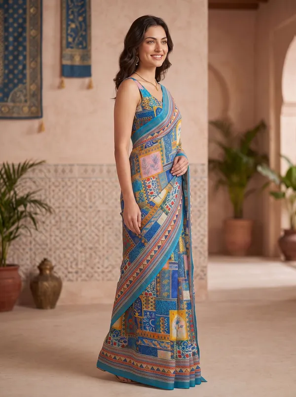 Turquoise_Blue_Art_Silk_Digital_Print_Saree_with_Silver_Zari_Border_&_Blouse