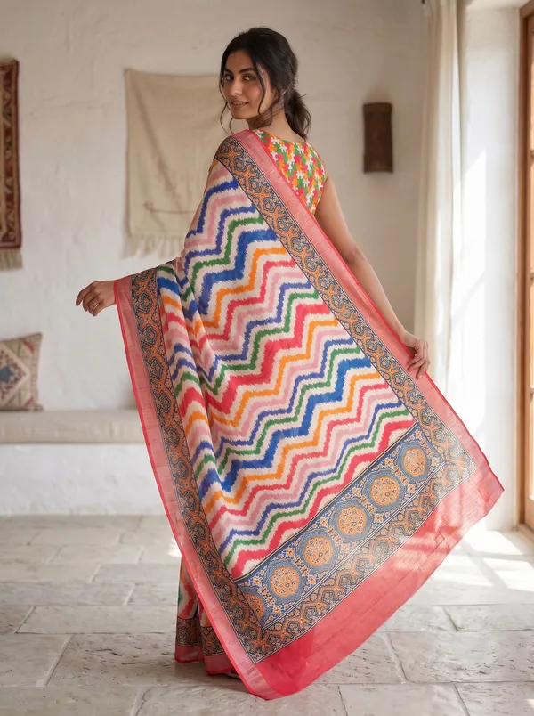 Multi-Color_Digital_Print_Art_Silk_Saree_|_Chevron_|_Coral_Border_&_Silver_Zari