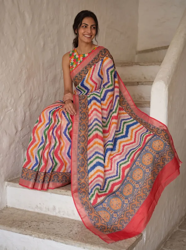 Multi-Color_Digital_Print_Art_Silk_Saree_|_Chevron_|_Coral_Border_&_Silver_Zari