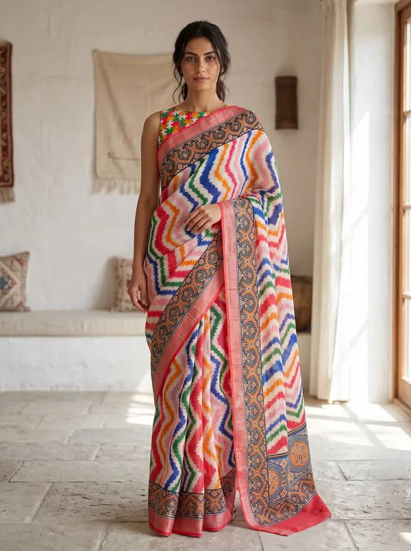Multi-Color_Digital_Print_Art_Silk_Saree_|_Chevron_|_Coral_Border_&_Silver_Zari