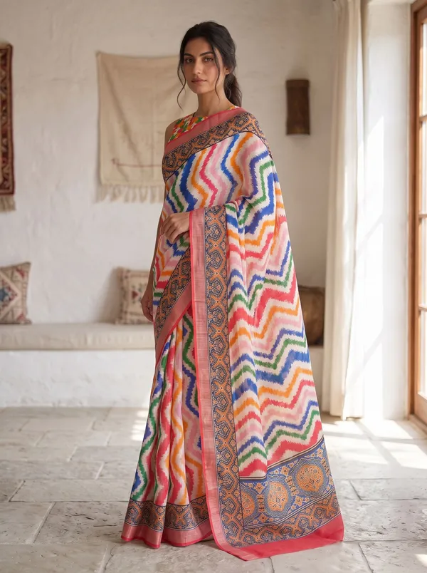 Multi-Color_Digital_Print_Art_Silk_Saree_|_Chevron_|_Coral_Border_&_Silver_Zari
