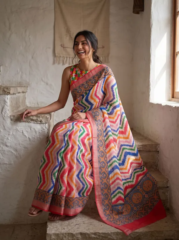 Multi-Color_Digital_Print_Art_Silk_Saree_|_Chevron_|_Coral_Border_&_Silver_Zari