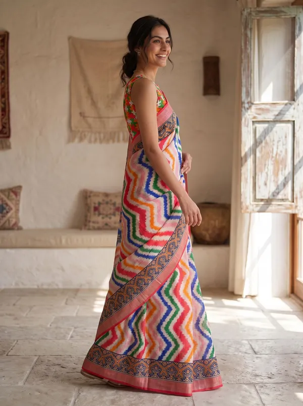 Multi-Color_Digital_Print_Art_Silk_Saree_|_Chevron_|_Coral_Border_&_Silver_Zari