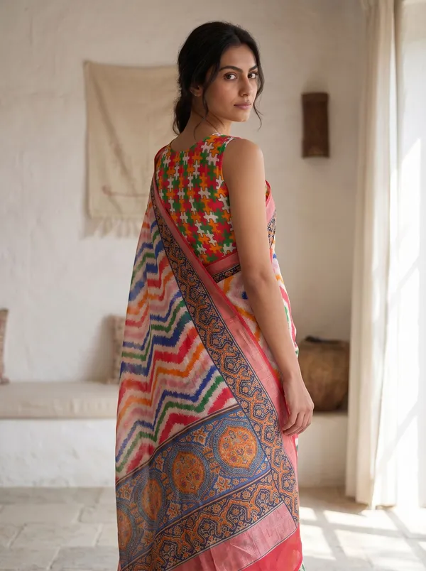 Multi-Color_Digital_Print_Art_Silk_Saree_|_Chevron_|_Coral_Border_&_Silver_Zari