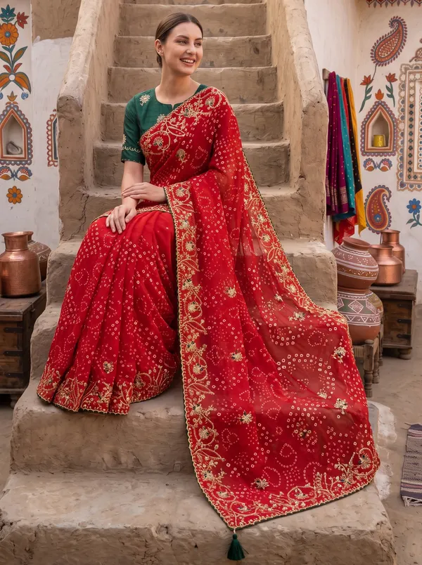 Red_Georgette_Silk_Printed_Bandhani_Saree_with_Embroidered_Border