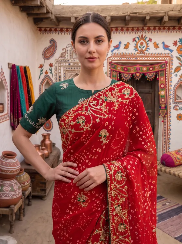 Red_Georgette_Silk_Printed_Bandhani_Saree_with_Embroidered_Border