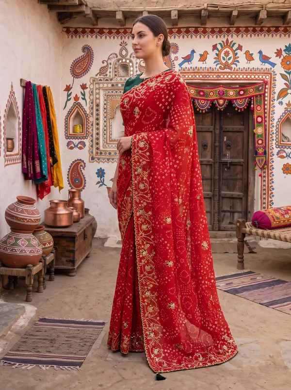 Red_Georgette_Silk_Printed_Bandhani_Saree_with_Embroidered_Border
