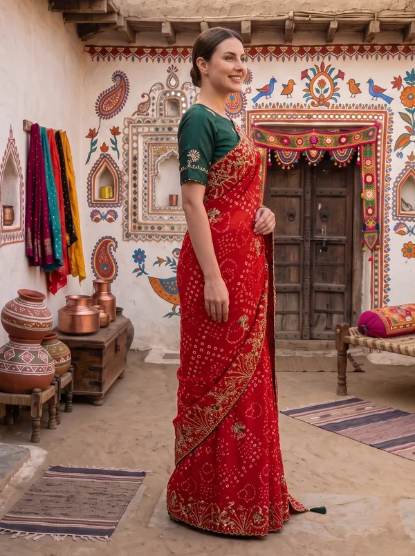 Red_Georgette_Silk_Printed_Bandhani_Saree_with_Embroidered_Border