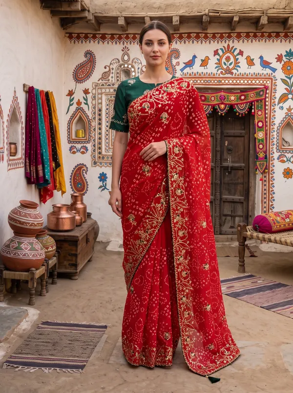 Red_Georgette_Silk_Printed_Bandhani_Saree_with_Embroidered_Border