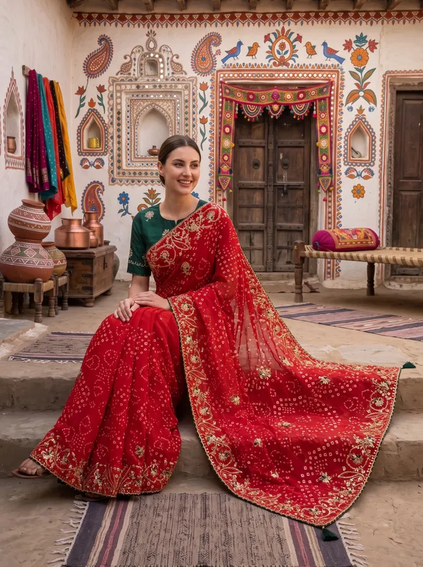 Red_Georgette_Silk_Printed_Bandhani_Saree_with_Embroidered_Border