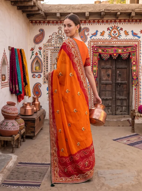 Orange_Georgette_Silk_Bandhani_Printed_Embroidered_Saree_with_Blouse